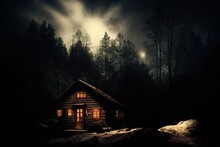 Cabin In The Very Dark Woods At Night