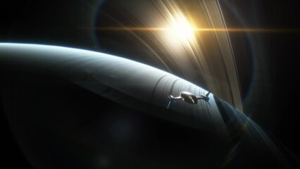 Wall Mural - Spaceship flies over the atmosphere of the planet Saturn, the sun shines through the rings. Planet Saturn is a huge planet of the solar system with beautiful rings. Asteroid field near the planet
