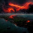 Dragons unleashing a raging inferno upon the isle of wight from the sky