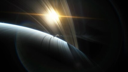 Wall Mural - spaceship flies over the atmosphere of the planet saturn, the sun shines through the rings. planet s