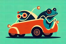 A Hipster Frog In Retro Car. 2d Illustration. Anthropomorphic Frog. Cartoon Humanized Frog Riding Vintage Racing Car Against Town Buildings. Animal Character With Human Body. Furry