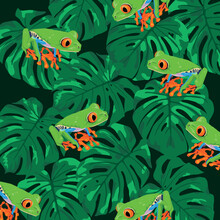 Bright Green Frogs On The Leaves Of The Monstera. Tropic Bright Pattern. Summer Mood. Pattern From The Inhabitants Of The Jungle.