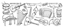 Large Set Musical Instruments Hand Drawn Style. Vector Black And White Doodle Illustration
