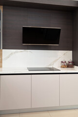 Wall Mural - Modern gray white lacquer wood kitchen cabinet and black electric stove and hood on white granite countertop