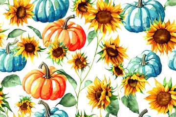 Canvas Print - Watercolor seamless pattern with sunflowers heads, pumpkins and autumn leaves. Fall pattern. Retro autumn print for textile and fabric. Pumpkins pattern for home and kitchen. Watercolor autumn motif