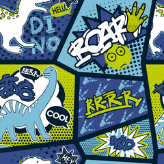 Aufkleber - Fashion abstract seamless pattern with dinosaur. Patch, stickers, dots and words. Cool background on comics style for little boy 