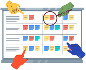 Poster - Planning schedule, business event and calendar with stickers. People with schedule organize meeting, create monthly plan. Strategy, time management concept. Hands point to calendar with planned dates