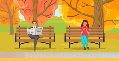Poster - Woman sitting in park on brench holds smartphone in her hand. Casual lady in headpones listening to music and browsing social media on mobile device. Man read news paper in autumn park