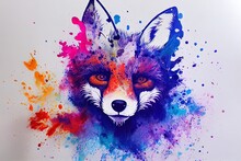 Illustration Of Colorful Fox In Paint Splashes. Majestic Portrait. Big Head Of Animal, Dripping Oil And Water Painting Of A Wild Mammal. Watercolor Drawing. 3D Illustration.