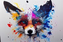 Illustration Of Colorful Fox In Paint Splashes. Majestic Portrait. Big Head Of Animal, Dripping Oil And Water Painting Of A Wild Mammal. Watercolor Drawing. 3D Illustration.