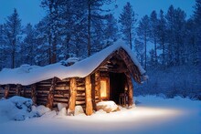 Reindeer Next To Wooden Log Cabin In A Winter Forest In Finnish Lapland