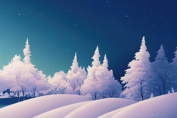 Winter landscape in forest with christmas trees and snow as digital art illustration