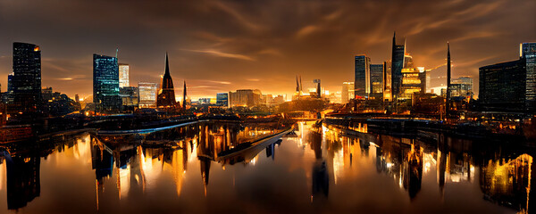 Frankfurt am Main Skyline at night. 
Frankfurt am Main skyline. Concept digital illustration