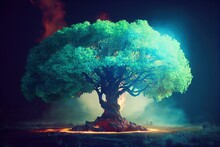 Beautiful Tree With Night Sky And Colorful Ambiance. Fantasy Concept Art Illustration
