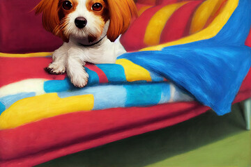 Wall Mural - A small Jack Russel dog lies wrapped in a brightly colored blanket on a couch. Looking at the camera.