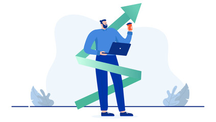 Poster - successful man - person standing with green arrow pointing up, smiling with computer and coffee in h