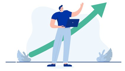Poster - career growth - person standing with green arrow pointing up smiling with laptop in hand. flat desig