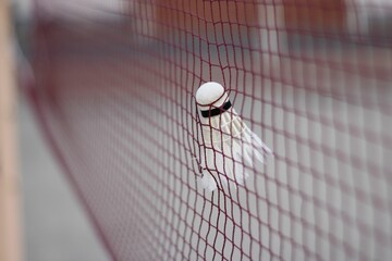 Closeup of a shuttlecock in the net