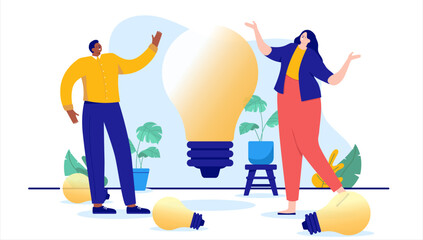 Poster - Brainstorming ideas - Businessman and woman coming up with new idea for business and company, smiling with big light bulb. Flat design vector illustration with white background