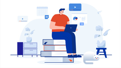 Leinwandbilder - Online course - Man sitting with computer on books, learning, studying and taking internet education. Flat design vector illustration with white background