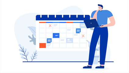Poster - work calendar - person making plan for work days and the coming month, thinking with computer in han