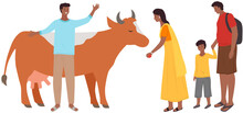 People With Kid Feeding Cute Cow At Farm Or Outdoor Zoo Park. Little Boy With Dad And Mom Giving Apple To Calf. Child Character Spend Time In Animal Petting Park On Weekend Spare Time With His Family