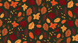 Seamless pattern with autumn leaves hand drawn in simple flat style on dark green background. Cute foliage vector illustration. Fall sesonal dark backdrop design, Thanksgiving, autumn sale.