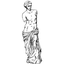 Hand Drawn Vector Line Art Of Antique Statue Of Aphrodite Or Venus De Milo. Line Drawing Of Ancient Greek Sculpture