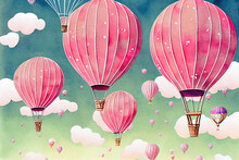 Watercolor Pink Air Balloon With Basket And Pennants. Hand Painted Illustration For Children Design In Cartoon Style. Vintage Aircraft With Hot Air For Icon Or Logo