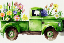 Spring Flowers Bouquet. Green Old Truck On A White Background. Watercolor Illustration.