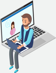 Poster - Social media activities concept. Person communicating with friend using computer application. Man at computer leads video blog online. Male blogger working on laptop and exploring social networks