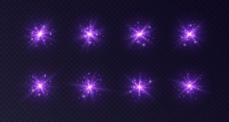 Poster - Lens flares with sparkles, purple starbursts set, shiny camera flashes. Glowing lasers with particles, transparent overlay glare effect. Magic spark with fairy dust. Vector illustration.