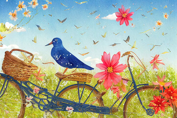 Wall Mural - Summer card with bicycle, wicker basket, flowers, birds sandpipers and kite, watercolor illustration isolated on white background, summer travel symbol, emblem ecology transport, healthy lifestyle.