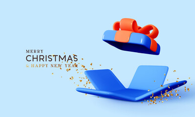 Wall Mural - merry christmas and happy new year. background with realistic 3d festive open gifts box with confett