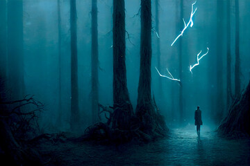 Fantasy dark gloomy forest with tall trees. 3D illustration