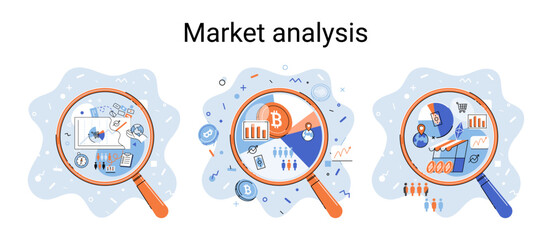 Poster - Market statistics data analysis metaphor marketing strategy development. Business research. Identify business needs determine solutions problems solving. View financial data through magnifying glass