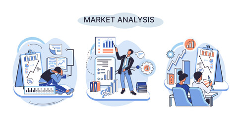 Poster - Market analysis metaphor marketing strategy development. Business research. Identify business determine solutions business problems solving. Marketer analyzes sales plan, doing an advertising campaign