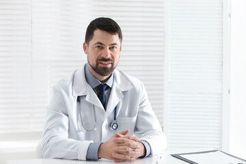 Poster - Portrait of male doctor in white coat at workplace