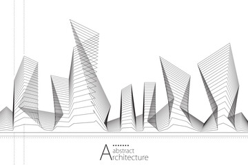 3d illustration, abstract modern urban landscape line drawing, imaginative architecture building con