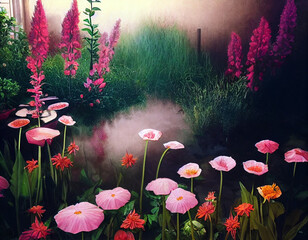 Wall Mural - Beautiful garden with various flowers background. 3D illustration