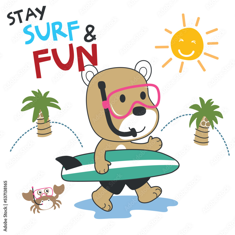 Vector illustration of cute little animal with a surfboard, Funny ...