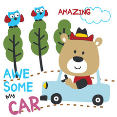 Vector illustration of funy animal driving the blue car. Funny background cartoon style for kids. Little adventure with animals on the road for nursery design, cartoon tshirt art design.