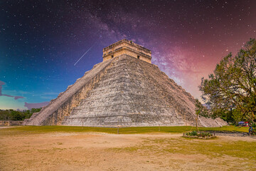 Temple Pyramid of Kukulcan El Castillo, Chichen Itza, Yucatan, Mexico, Maya civilization with Milky Way Galaxy stars night sky