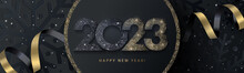 Happy New Year 2023 Beautiful Sparkling Design Of Numbers On Black Background With Texture Of Black Snowflakes And Shining Falling Snow. Trendy Modern Winter Banner, Poster Or Greeting Card Template