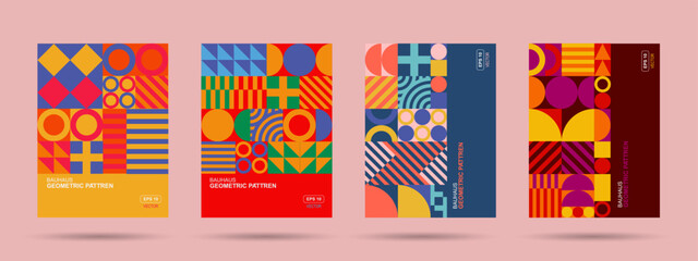 Wall Mural - Abstract Bauhaus geometric pattern background, vector circle, triangle and square lines art design. Vintage color Bauhaus Swiss pattern background, posters seat, abstract cover backgrounds.