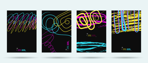 Wall Mural - Cover design abstract background,  geometric and color pattern, vector. Wave line shapes, geometric neon liquid fluid flow graphic, vector lines art design, posters set.