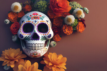 Hispanic heritage sugar skull marigold  Festive dia de los muertos background 3d render digital illustration 