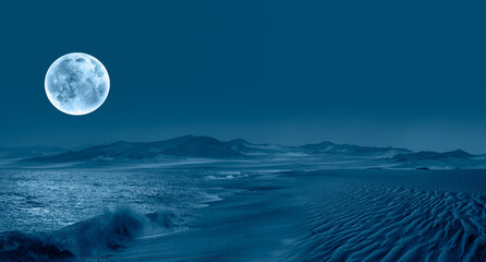 Namib desert with Atlantic ocean meets near Skeleton coast at night full moon in the background - 
Namibia, South Africa 