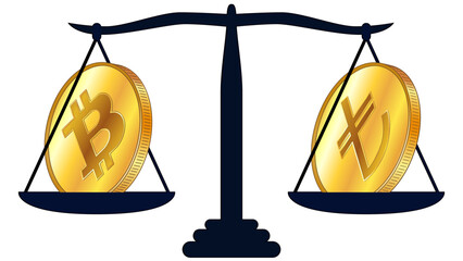 Canvas Print - Gold coin of Bitcoin BTC and Turkish Lira TRY on scales isolated on white background. Laws on digital assets CBDC. Design element.