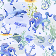 Watercolor Anchor, Octopus, Shark And Jellyfish. Seamless Pattern On Underwater Theme. Ocean Animals